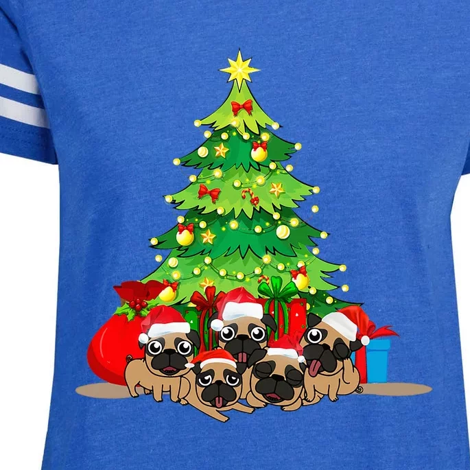 Festive Pug Dog Christmas Pajama with Xmas Tree Lights Enza Ladies Jersey Football T-Shirt