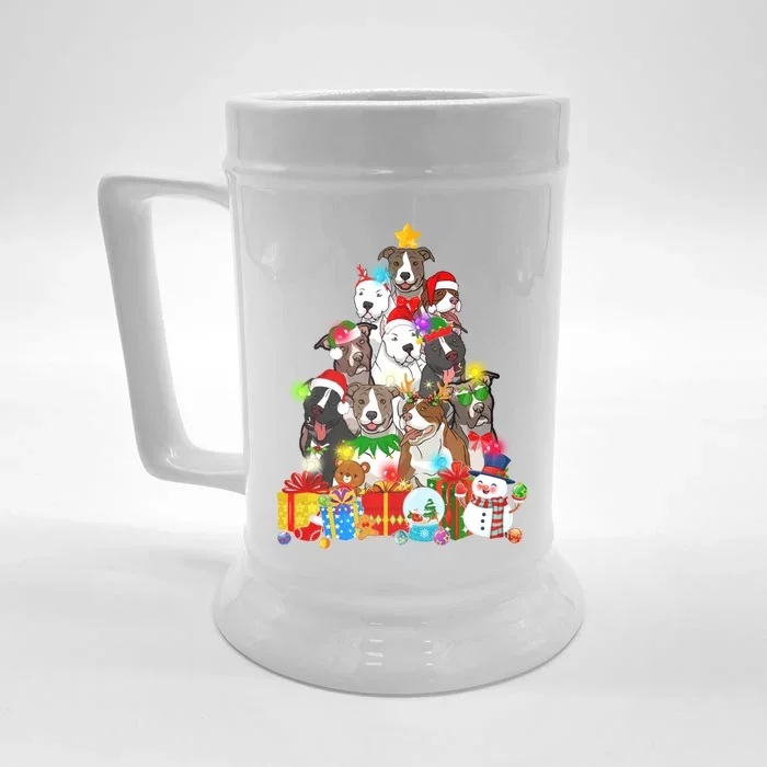 Funny Pitbull Dog Christmas Tree Lights Puppy Dog Lover Cute Gift Front & Back Beer Stein