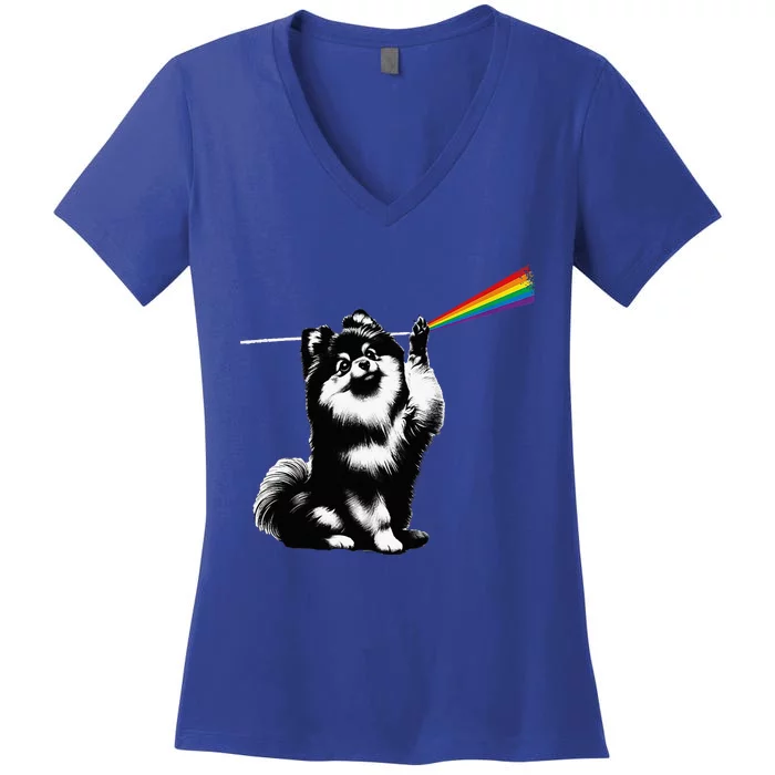 Funny Pomeranian Dog Rock Music Rainbow Fun Dark Side Moon Women's V-Neck T-Shirt