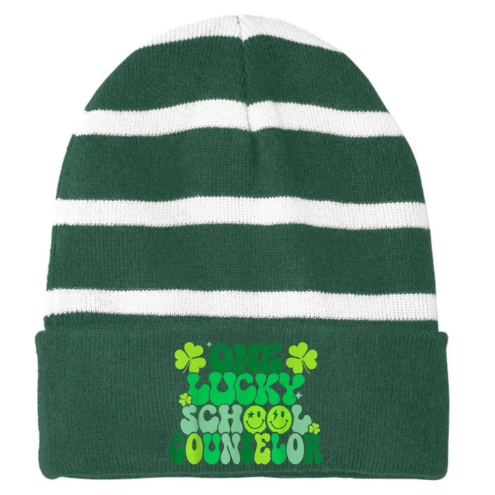 Funny Patrick's Day, Groovy Teacher One Lucky School Counselor Striped Beanie with Solid Band