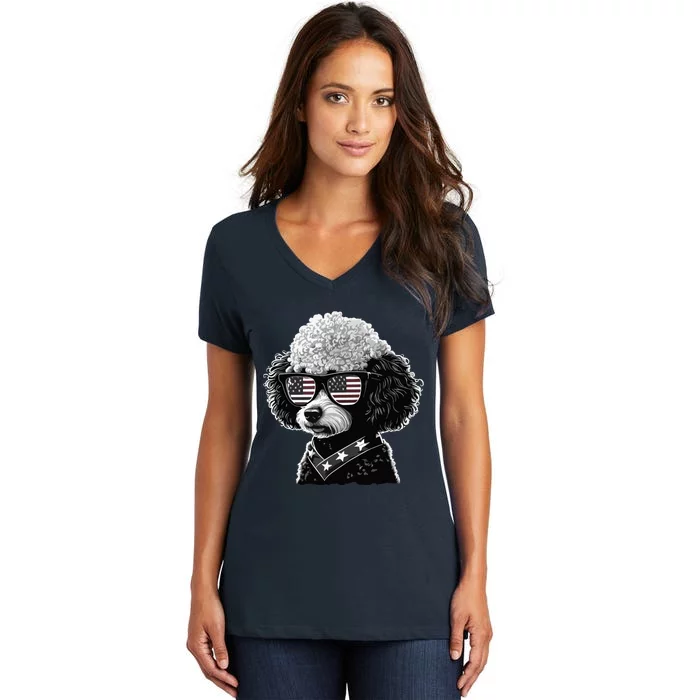 Funny Poodle Dog Miniature Poodle Toy Poodle 4th Of July USA Women's V-Neck T-Shirt