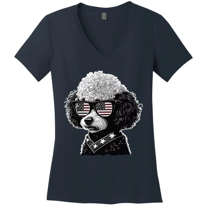 Funny Poodle Dog Miniature Poodle Toy Poodle 4th Of July USA Women's V-Neck T-Shirt