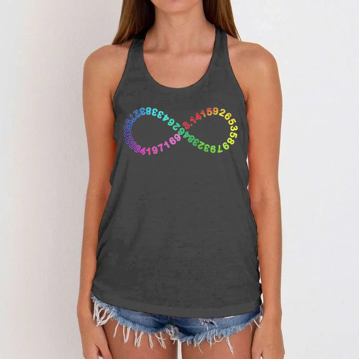 Funny Pi Day Math Digits of Pi Infinity Rainbow Women's Knotted Racerback Tank