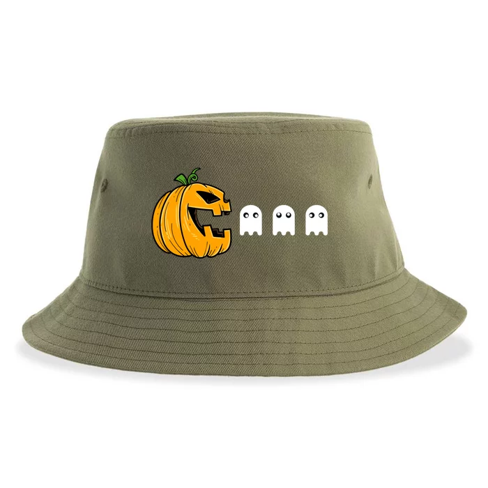 Funny Pumpkin Eating Ghost Halloween Gamer Gift Sustainable Bucket Hat