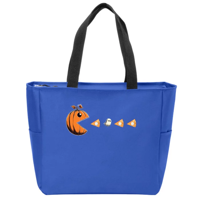 Funny Pumpkin Eating Ghost Pumpkin Pie Gamer Old Video Game Gift Zip Tote Bag