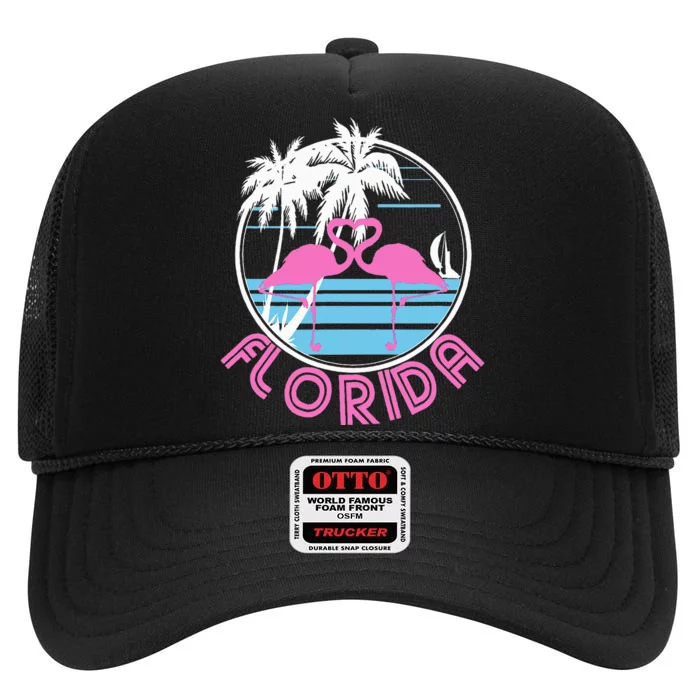 Florida Pink Flamingo Heart 80s Retro Vintage Style High Crown Mesh Trucker Hat