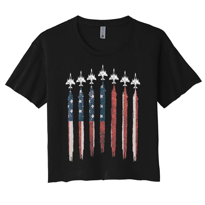 F4 Phantom Fighter Jet USA Flag Airplane F4 4th Of July Women's Crop Top Tee