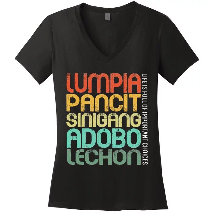 Filipino Philippine Food Lumpia Pancit Sinigang Adobo Lechon Women's V-Neck T-Shirt