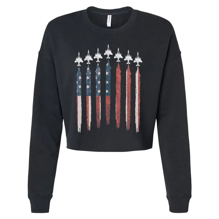 F4 Phantom Fighter Jet USA Flag Airplane F4 4th Of July Cropped Pullover Crew