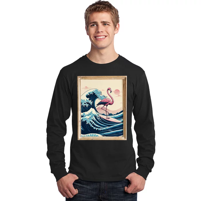 Funny Pink Flamingo Surfer Tropical Great Big Wave Framed Long Sleeve Shirt