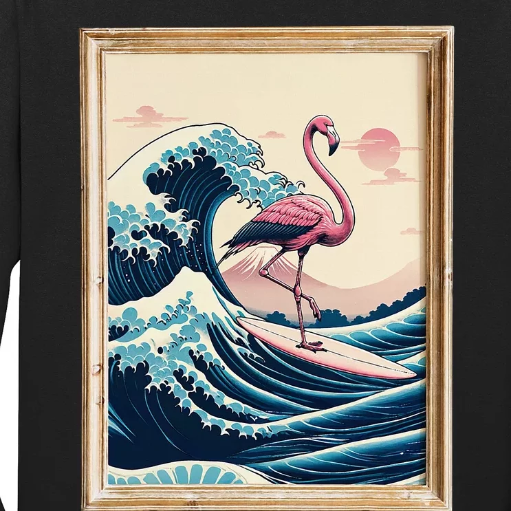 Funny Pink Flamingo Surfer Tropical Great Big Wave Framed Long Sleeve Shirt