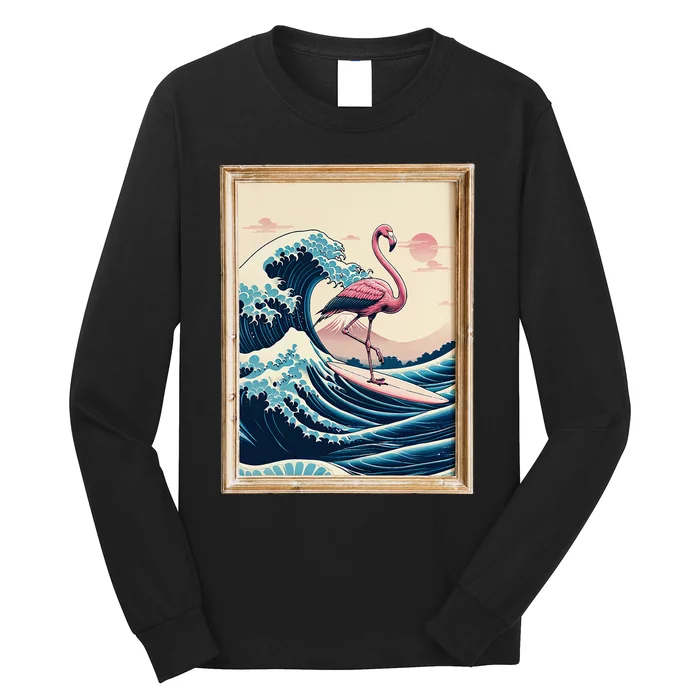 Funny Pink Flamingo Surfer Tropical Great Big Wave Framed Long Sleeve Shirt