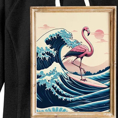 Funny Pink Flamingo Surfer Tropical Great Big Wave Framed Women's Fleece Hoodie