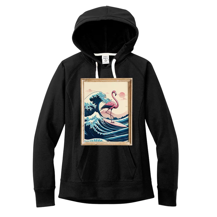 Funny Pink Flamingo Surfer Tropical Great Big Wave Framed Women's Fleece Hoodie