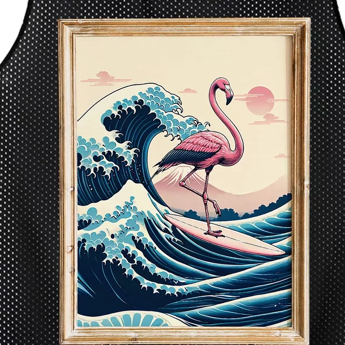 Funny Pink Flamingo Surfer Tropical Great Big Wave Framed Mesh Reversible Basketball Jersey Tank