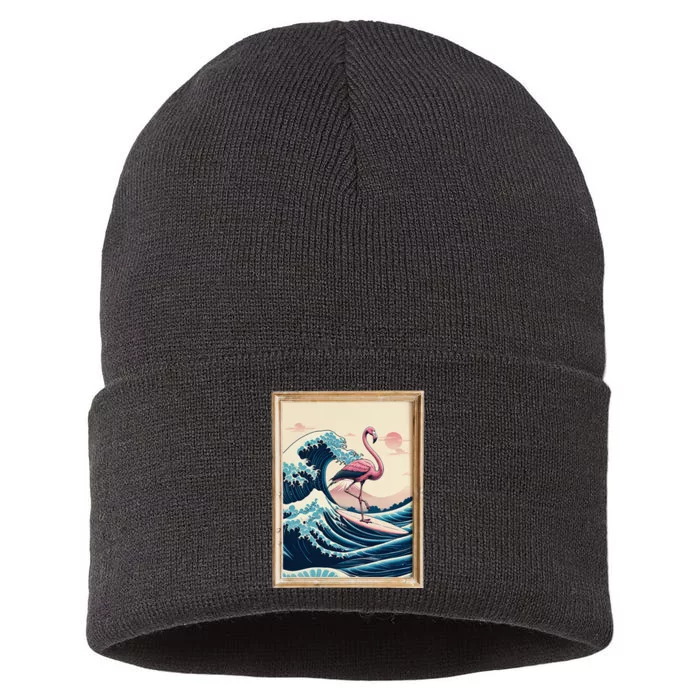 Funny Pink Flamingo Surfer Tropical Great Big Wave Framed Sustainable Knit Beanie