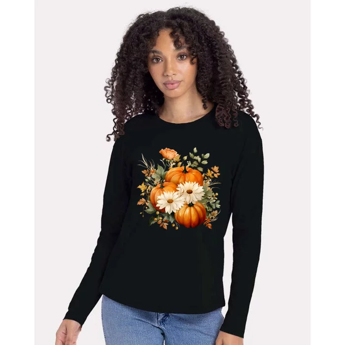 Fall Pumpkin Floral Holiday Womens Cotton Relaxed Long Sleeve T-Shirt