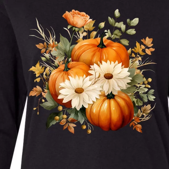 Fall Pumpkin Floral Holiday Womens Cotton Relaxed Long Sleeve T-Shirt