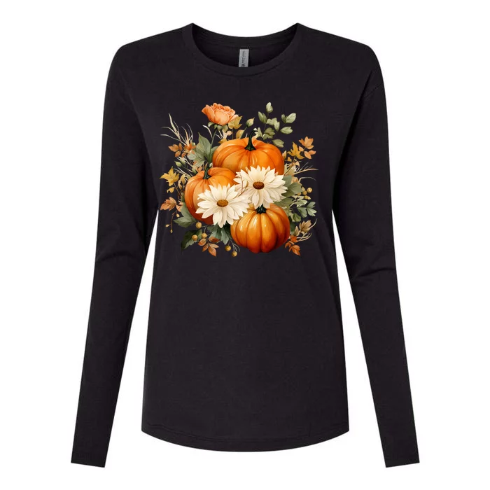 Fall Pumpkin Floral Holiday Womens Cotton Relaxed Long Sleeve T-Shirt