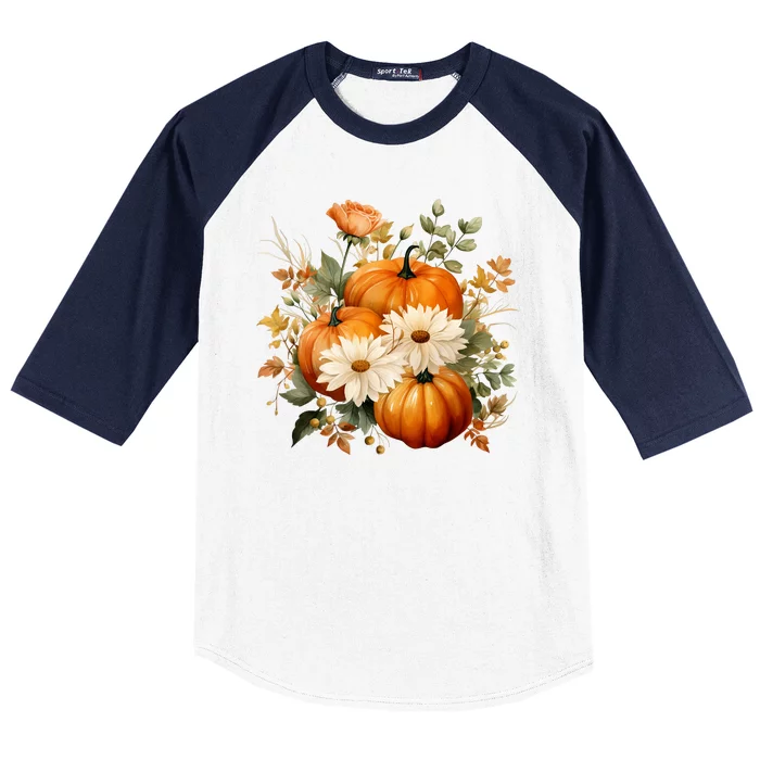 Fall Pumpkin Floral Holiday Baseball Sleeve Shirt