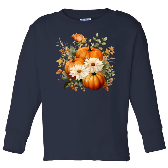 Fall Pumpkin Floral Holiday Toddler Long Sleeve Shirt