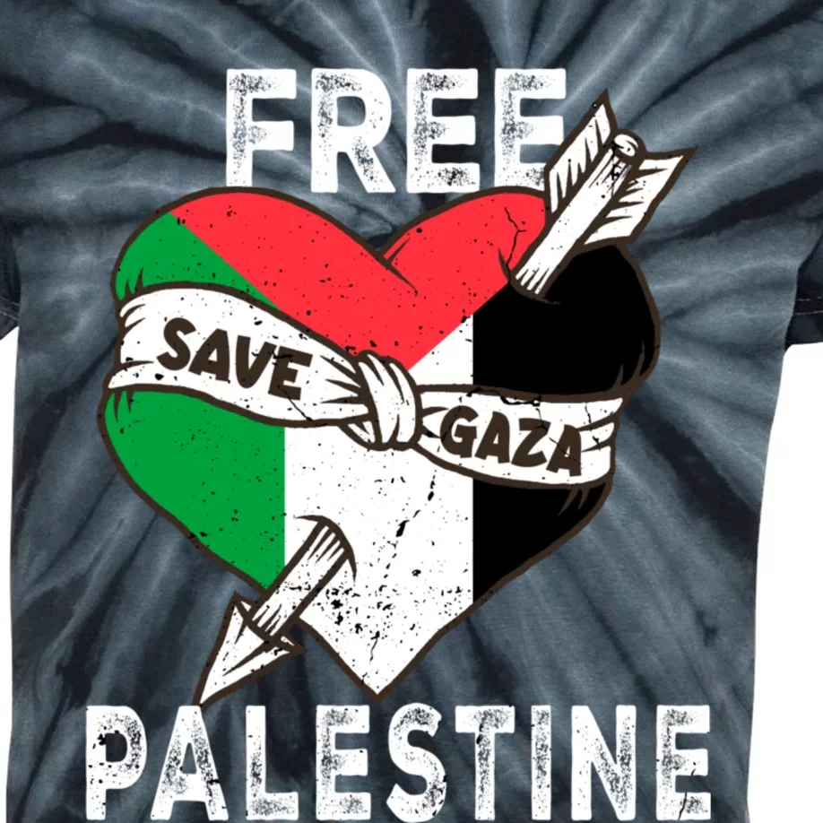 Free Palestine Flag Save Gaza Palestinian Love Heart Kids Tie-Dye T-Shirt