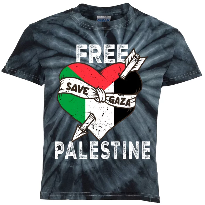 Free Palestine Flag Save Gaza Palestinian Love Heart Kids Tie-Dye T-Shirt