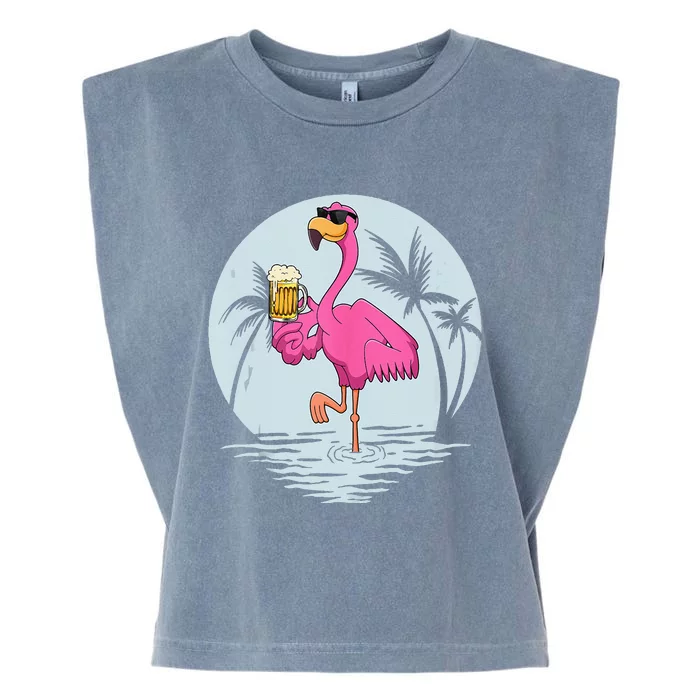 Funny Pink Flamingo Bird With Mug Of Beer Summer Vacation Garment-Dyed Women's Muscle Tee