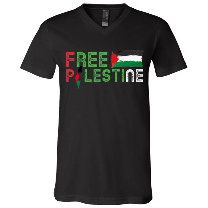 Free Palestine Flag Arabic Free Gaza Palestinian Flag V-Neck T-Shirt