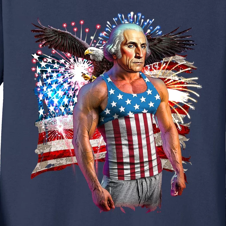 Funny Patriotic Fourth Of July Buff George Washington Kids Long Sleeve Shirt