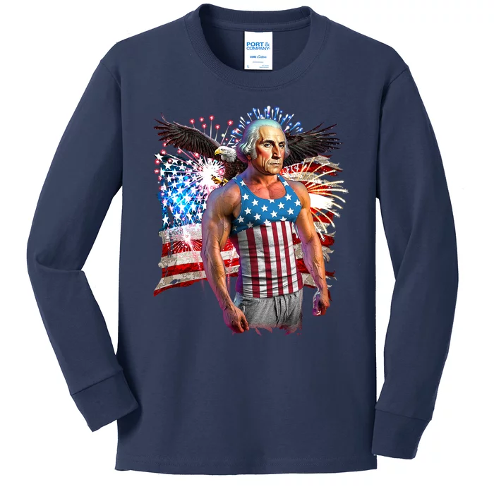 Funny Patriotic Fourth Of July Buff George Washington Kids Long Sleeve Shirt