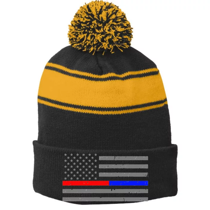 Firefighter Police Flag Thin Red Blue Line Stripe Pom Pom Beanie