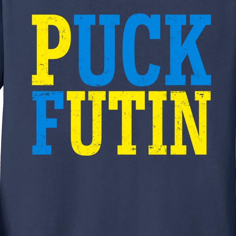 Funny Puck Futin Stand WIth Ukraine Kids Long Sleeve Shirt