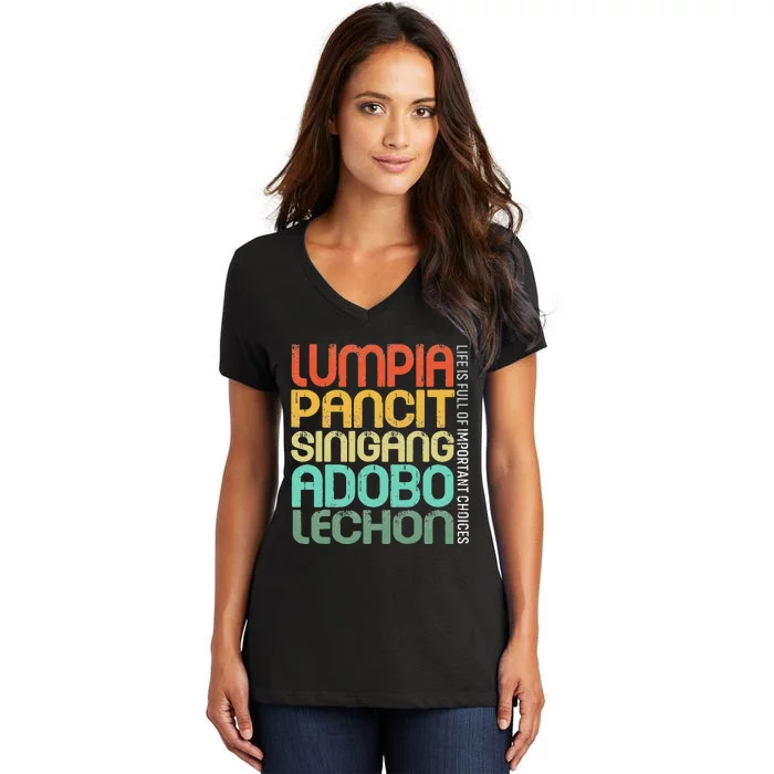 Filipino Philippine Food Lumpia Pancit Sinigang Adobo Lechon Women's V-Neck T-Shirt