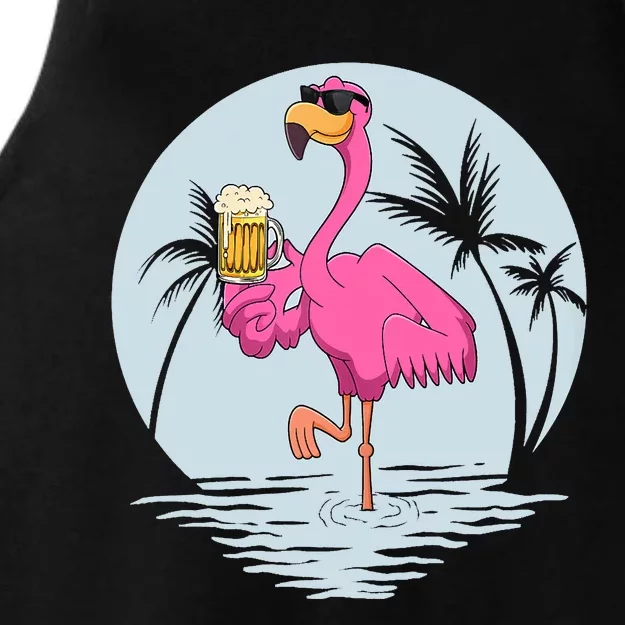 Funny Pink Flamingo Bird With Mug Of Beer Summer Vacation Ladies Tri-Blend Wicking Tank