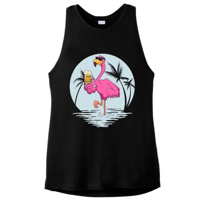 Funny Pink Flamingo Bird With Mug Of Beer Summer Vacation Ladies Tri-Blend Wicking Tank