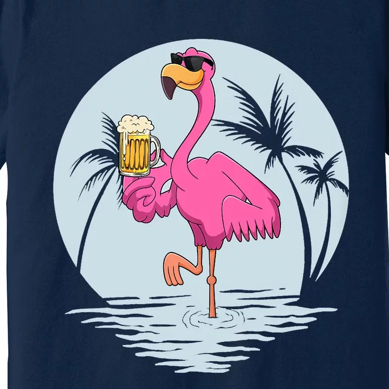 Funny Pink Flamingo Bird With Mug Of Beer Summer Vacation Premium T-Shirt