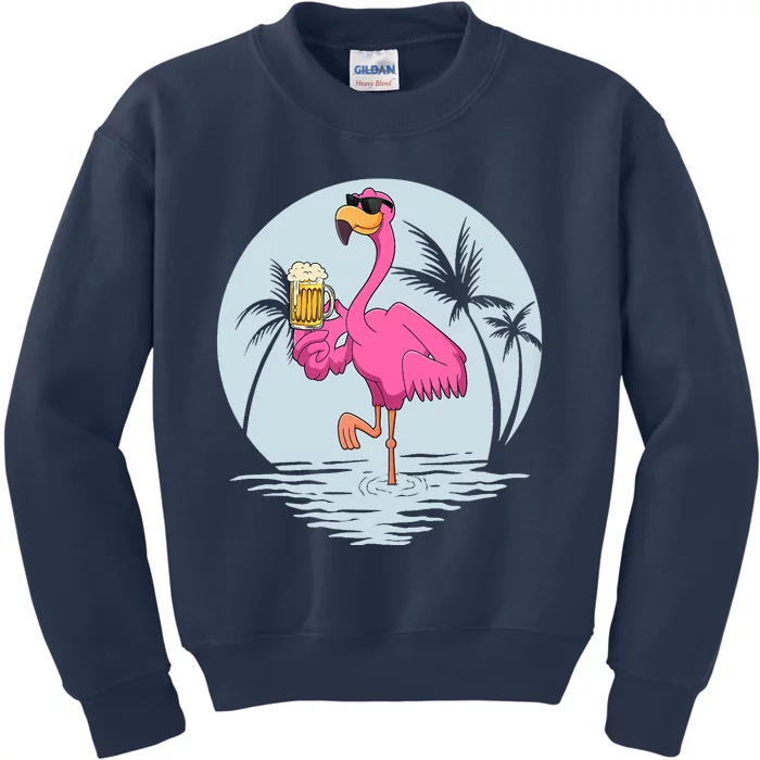 Funny Pink Flamingo Bird With Mug Of Beer Summer Vacation Kids Sweatshirt