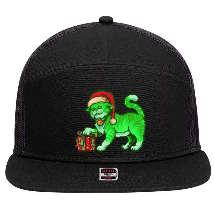 Funny Poisonous Green Cat Santa Claus Looking For Presents 7 Panel Mesh Trucker Snapback Hat