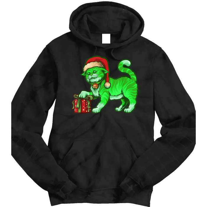 Funny Poisonous Green Cat Santa Claus Looking For Presents Tie Dye Hoodie