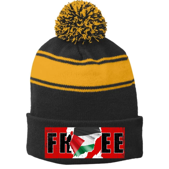 Free Palestine Gaza Flag Arabic Freedom Vintage Stripe Pom Pom Beanie