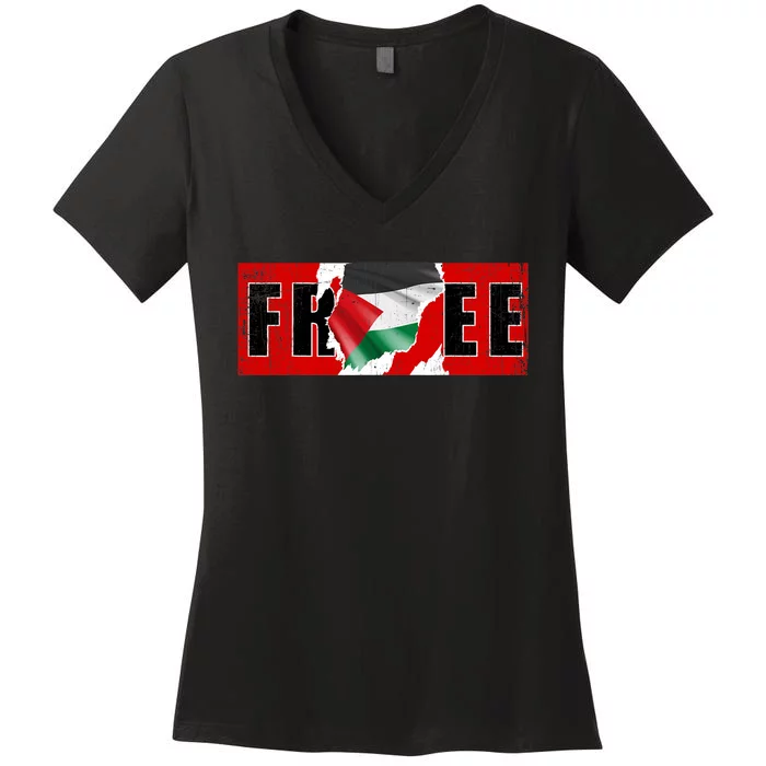 Free Palestine Gaza Flag Arabic Freedom Vintage Women's V-Neck T-Shirt