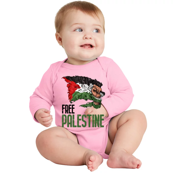 Free Palestine Gaza Flag Arabic Freedom Distressed Strength Baby Long Sleeve Bodysuit