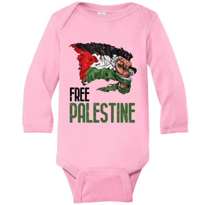 Free Palestine Gaza Flag Arabic Freedom Distressed Strength Baby Long Sleeve Bodysuit