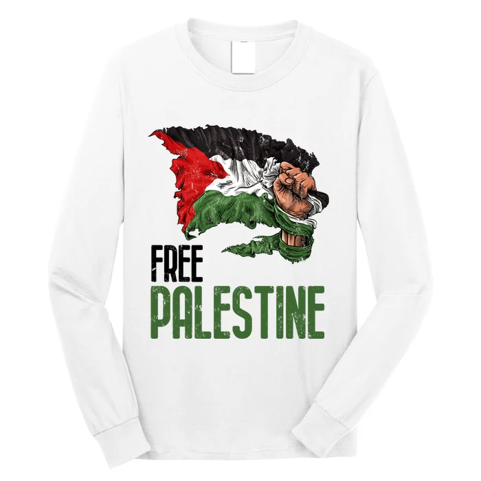 Free Palestine Gaza Flag Arabic Freedom Distressed Strength Long Sleeve Shirt