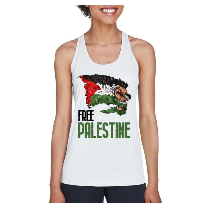 Free Palestine Gaza Flag Arabic Freedom Distressed Strength Women's Racerback Tank