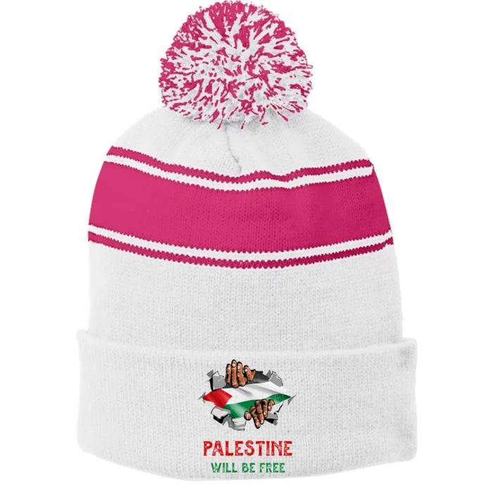 Free Palestine Gaza Flag Arabic Freedom Distressed Vintage Stripe Pom Pom Beanie