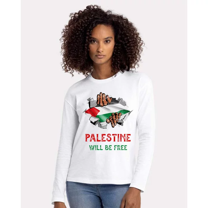 Free Palestine Gaza Flag Arabic Freedom Distressed Vintage Womens Cotton Relaxed Long Sleeve T-Shirt