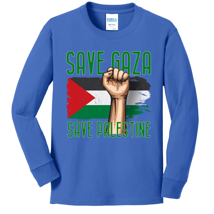 Free Palestine Gaza Flag Arabic Freedom Distressed Vintage Cute Gift Kids Long Sleeve Shirt