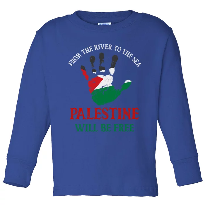 Free Palestine Gaza Flag Arabic Will Be Free Distressed Gift Toddler Long Sleeve Shirt